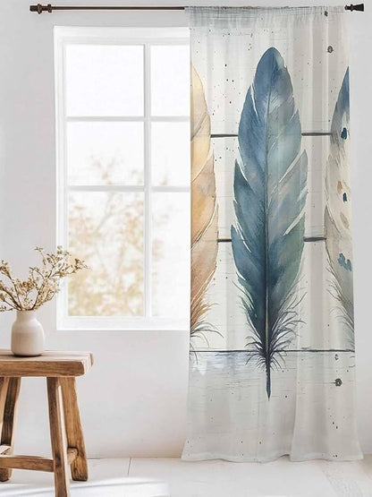 Sheer Curtains 96 Inches Long, Boho Blue Feathers Semi Sheer Curtains Light Filtering Window Treatment, Country Vintage Wooden Grain Privacy Voile Drapes for Living Room Bedroom 52x96 Inch