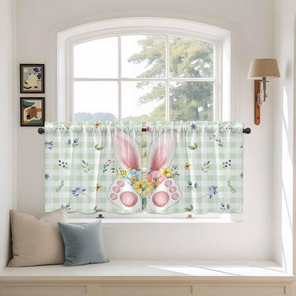 Easter Kitchen Tier Curtains 36 Inch Long 2 Panel Set,Rod Pocket Half Window Curtains Over Sink,Spring Bunny Ears Feet Flowers Green Plaid Light Filtering Short Drapes for Bathroom Cafe 27.5"W x 36"L