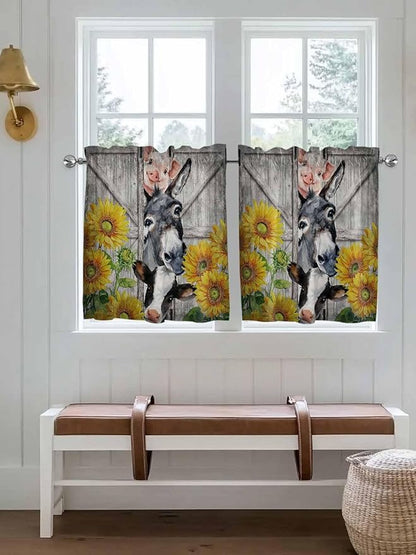 Farmhouse Half Window Curtain 36 Inches Long, Vintage Sunflowers Animals Printed Wood Grain Window Treatment Curtain Drapes, Small Tier Curtains for Bathroom Over Sink, 27.5"x36", 2 Panels