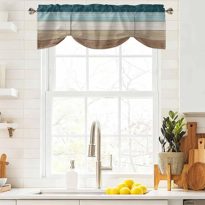 Teal Brown Tie Up Valance Curtains for Windows, Kitchen Curtains Window Shades, Farmhouse Vintage Abstract Wooden Grain Light Filtering Roman Curtain Valances for Bedroom/Bathroom/Cafe 42"x18"