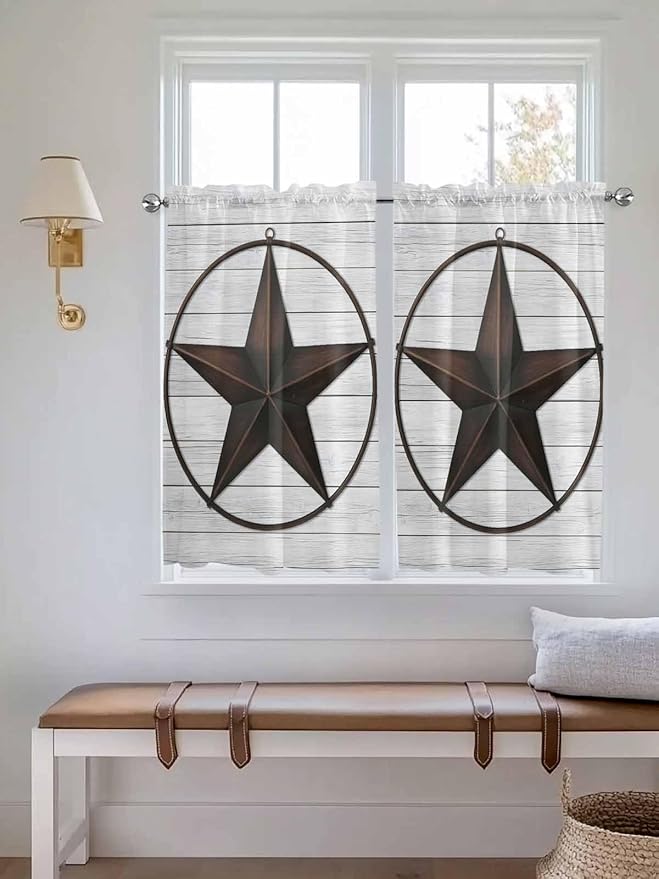 Vintage Farm Western Star Window Valance Curtains, White Wood Grain Light Filtering Kitchen Valance with 3-inch Rod Pocket for Living Room Bathroom Bedroom,2 Panel,27.5x45In