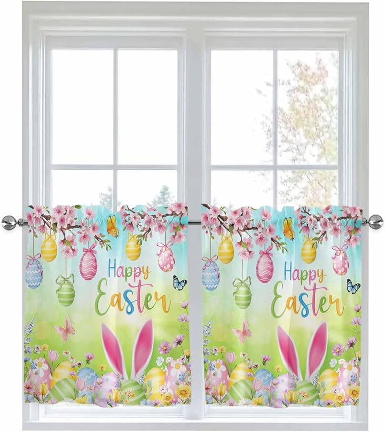 Easter Half Window Curtain 36 Inches Long, Spring Bunny Colorful Rabbit Eggs Butterfly Blue Green Window Treatment Curtain Drapes, Small Tier Curtains for Bathroom Over Sink, 27.5"x36", 2 Panels