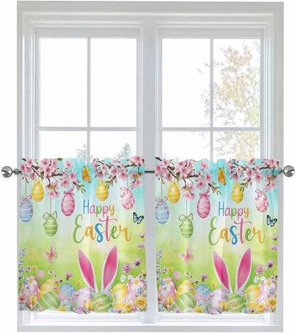 Easter Half Window Curtain 36 Inches Long, Spring Bunny Colorful Rabbit Eggs Butterfly Blue Green Window Treatment Curtain Drapes, Small Tier Curtains for Bathroom Over Sink, 27.5"x36", 2 Panels