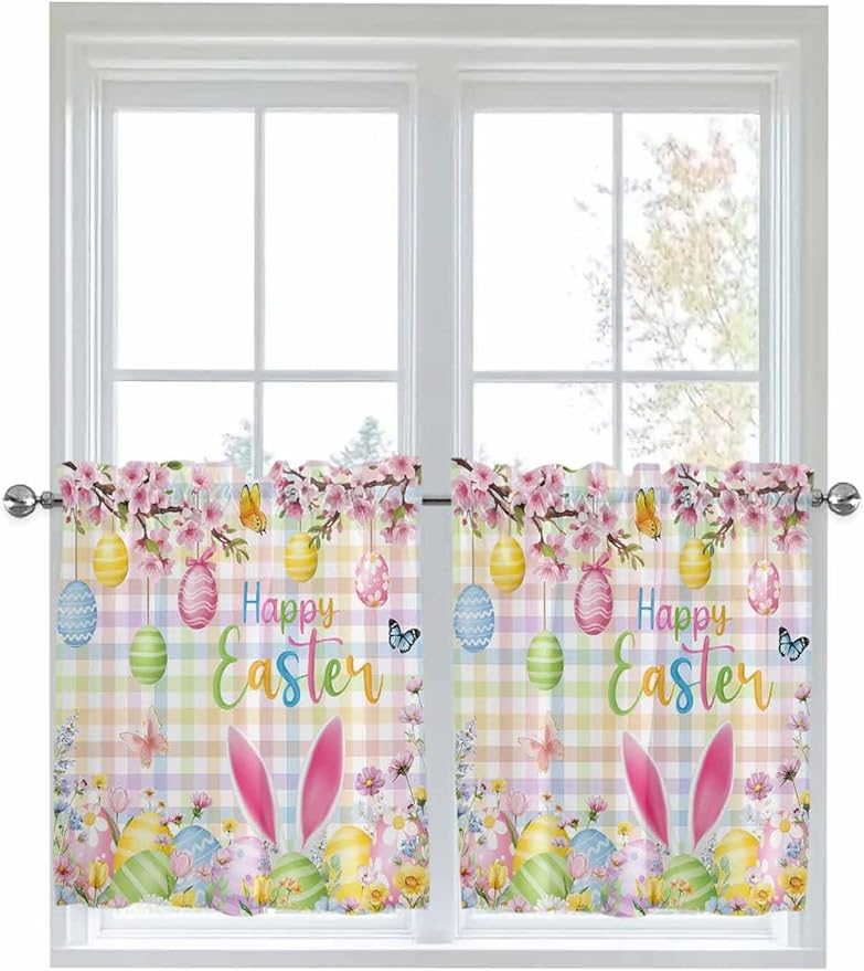 Happy Easter Half Window Curtains 24 Inches Long, Spring Bunny Colorful Eggs Flower Plaid Window Treatment Curtain Drapes, Short Curtains Tiers for Kitchen Over Sink, 27.5"x24", 2 Panels