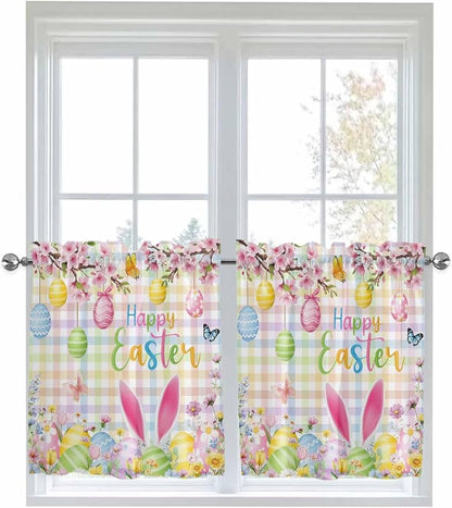 Happy Easter Half Window Curtain 36 Inches Long, Spring Bunny Colorful Eggs Flower Plaid Window Treatment Curtain Drapes, Small Tier Curtains for Bathroom Over Sink, 27.5"x36", 2 Panels