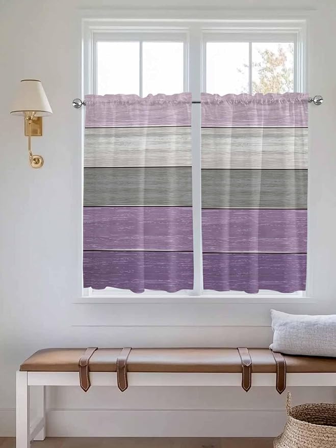 Country Wood Board Gray Purple Window Valance Curtains, Farmhouse Gradient Plank Light Filtering Kitchen Valance with 3-inch Rod Pocket for Living Room Bathroom Bedroom,2 Panel,42x54In