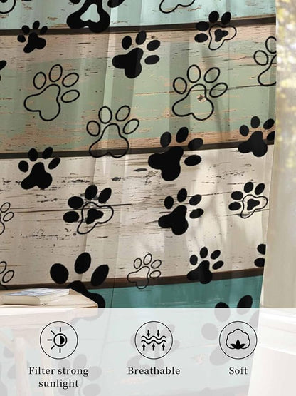 Sheer Curtains 84 Inches Long, Sage Green Brown Paw Prints Semi Sheer Curtains Light Filtering Window Treatment, Vintage Farmhouse Wooden Grain Privacy Voile Drapes for Living Room Bedroom 52x84 Inch