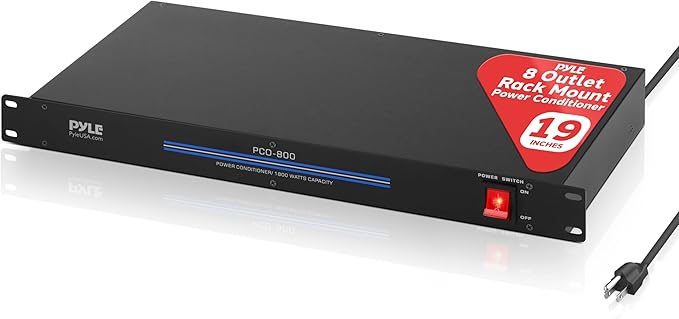 Pyle 1800W 8-Outlet Rack Mount Power Conditioner - 15 Amp Surge Protector with Noise Suppression - Rear Outlet for Multi Appliances - Triple Mode Protection - AC Power - for Home & Computer - PCO800