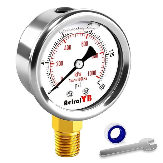 0-150 PSI Pressure Gauge, Liquid-Filled, 2-Inch, Stainless Steel Case, Brass Internals, 1/4" NPT Bottom Mount, Pressure Gauge for Air Compressor, RV Regulator, and Industrial Use