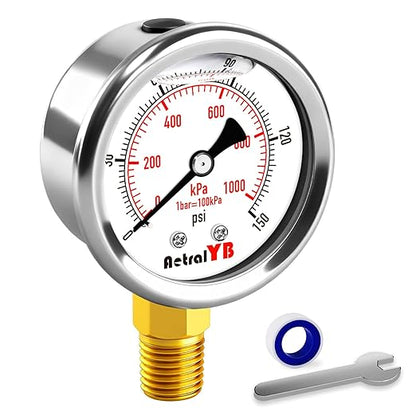 0-150 PSI Pressure Gauge, Liquid-Filled, 2-Inch, Stainless Steel Case, Brass Internals, 1/4" NPT Bottom Mount, Pressure Gauge for Air Compressor, RV Regulator, and Industrial Use