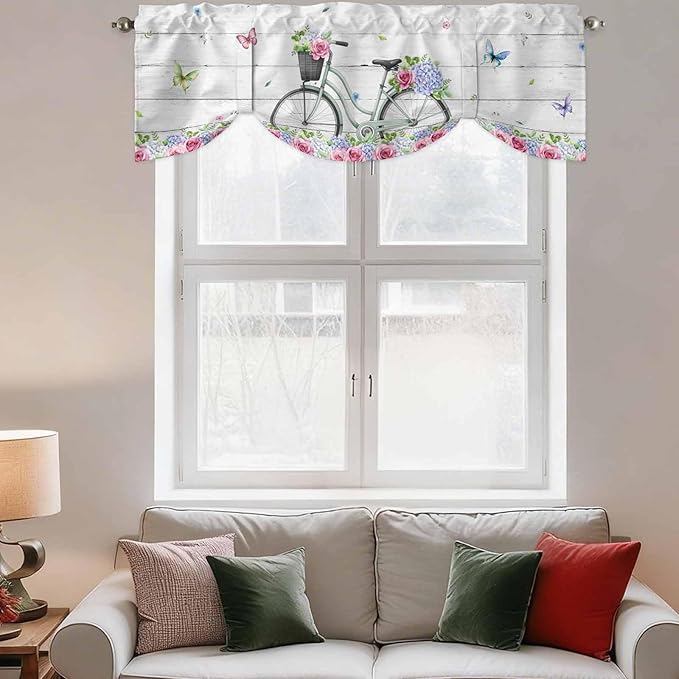 Spring Tie Up Valance Curtains for Windows, Kitchen Curtains Window Shades, Bicycles Botanical Rose Leaves Butterfly Wood Grain Light Filtering Roman Curtain Valances for Bedroom/Bathroom/Cafe 60"x18"