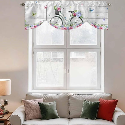 Spring Tie Up Valance Curtains for Windows, Kitchen Curtains Window Shades, Bicycles Botanical Rose Leaves Butterfly Wood Grain Light Filtering Roman Curtain Valances for Bedroom/Bathroom/Cafe 42"x12"