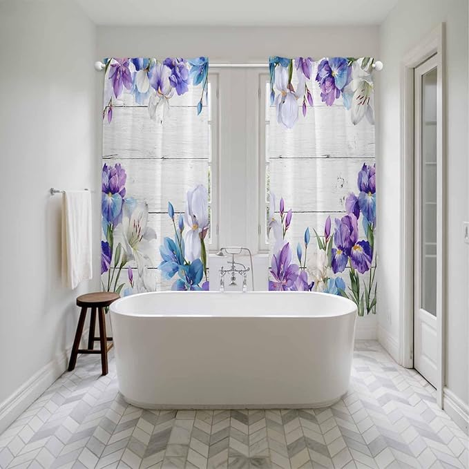 Spring Flowers Kitchen Curtains, Watercolor Garden Florals Wooden Grain Light Filtering Window Curtain Panels, 2Pcs Rod Pocket Window Treatments Set for Living Room Bathroom Bedroom 52x72 Inches