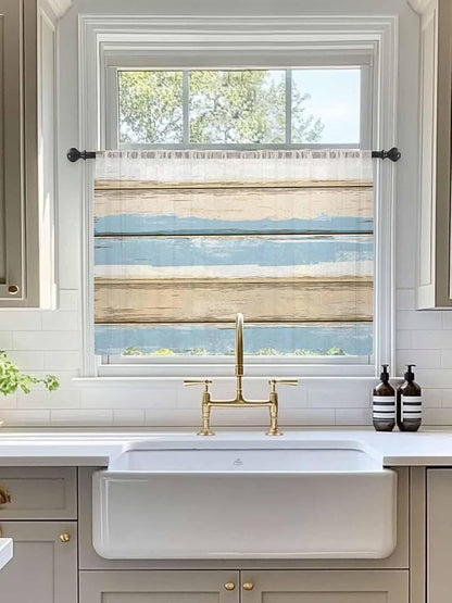 Sheer Curtains 45 Inch Length, Vintage Geometric Blue Semi Sheer Curtains Light Filtering Window Treatment, Abstract Country Shabby Wood Grain Privacy Voile Drapes for Living Room Bedroom 52x45 Inch