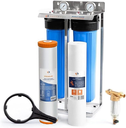 Aquaboon 2-Stage Whole House Water Filter System with Prefilter, 20x4.5 Iron & Manganese, Sediment Filters, Pressure Gauge & Release, Wrench, Freestanding Steel Frame