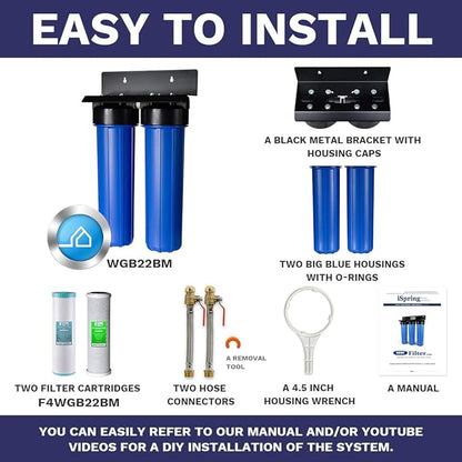 iSpring WGB22BM+AHPF12MNPT16X2 2-Stage Whole House Water Filtration System with 20” x 4.5” Carbon Block and Iron & Manganese Reducing Filters and 3/4" Push-fit Stainless Steel Hose Connectors, Blue
