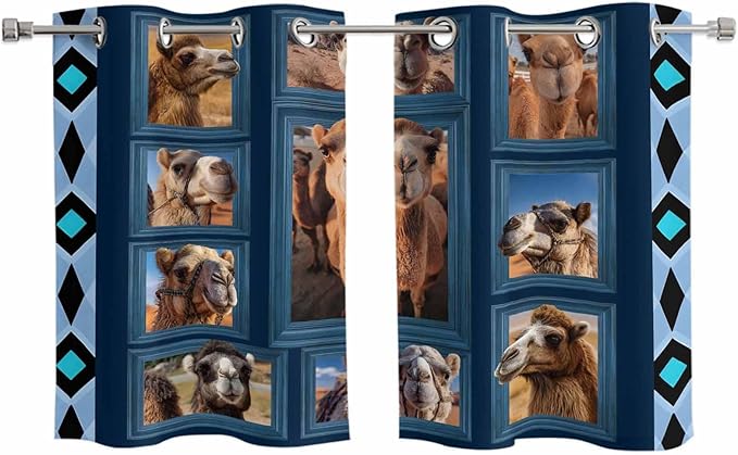 2 Panel Kitchen Cafe Curtains, Desert Camels Sunlight Filtering Nature Air Through, Home Decor Window Covering Tier Curtains for Living Room 55W x 39L inch Wildlife Brown Animals Blue Geometric