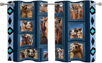 2 Panel Kitchen Cafe Curtains, Desert Camels Sunlight Filtering Nature Air Through, Home Decor Window Covering Tier Curtains for Living Room 55W x 39L inch Wildlife Brown Animals Blue Geometric