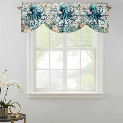 Sea Octopus Ocean Starfish Tie Up Valance Curtains,Nautical Anchor Vintage Wood Grain Kitchen Light Filtering Window Treatments with 3-inch Rod Pocket for Living Room,Bedroom,42x18In