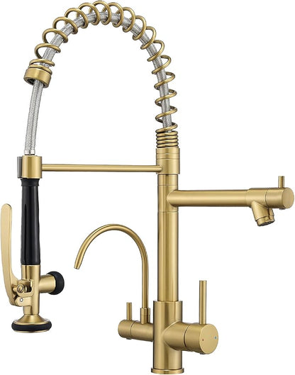 Fapully Commercial 3 Way Kitchen Faucets with Pull Down Sprayer and Water Filler,3 in 1 Kitchen Sink Faucet with Drinking Water Faucet Brushed Gold