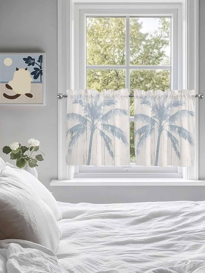 Summer Coconut Tree on Vintage Wood Grain Window Valance Curtains, Seaside Plants Light Filtering Kitchen Valance with 3-inch Rod Pocket for Living Room Bathroom Bedroom,2 Panel,27.5x36In