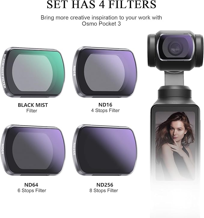 Black Mist Filter ND Filters Set for DJI Osmo Pocket 3 Creative Filter Beauty Soft Filters Creator Combo Camera Accessories-4 Pack(Black Mist ND16 ND64 ND256)