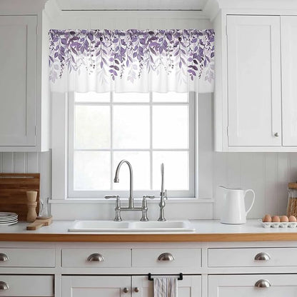 Eucalyptus Leaves Sheer Valance Curtains, Purple Leaves Idyllic Winds Farmhouses Light Filtering Kitchen Valances Rod Pocket Voile Curtain Window Treatment for Bedroom/Living Room/Basement 60Wx18L