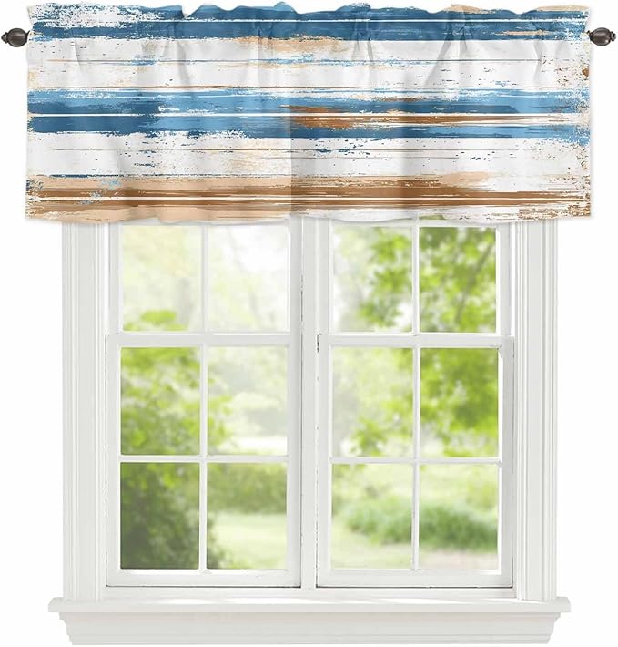 Vintage Blue Valances for Windows, Brown Wood Grain Mottled Texture Abstract Art Kitchen Valance Light Filtering Rod Pocket Short Curtains for Kitchen Bathroom, 1 Panel, 54"x18"