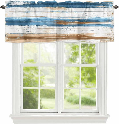 Vintage Blue Valances for Windows, Brown Wood Grain Mottled Texture Abstract Art Kitchen Valance Light Filtering Rod Pocket Short Curtains for Kitchen Bathroom, 1 Panel, 54"x18"