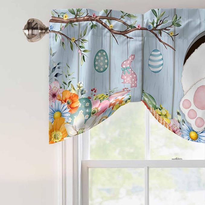 Easter Tie Up Valance Curtains for Windows, Kitchen Curtains Window Shades, Spring Watercolor Bunny Eggs Flower Wood Grain Blue Light Filtering Roman Curtain Valances for Bedroom/Bathroom/Cafe 54"x18"
