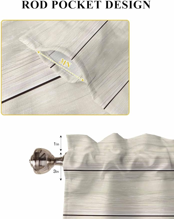 Vintage Country Wooden Board Window Valance Curtains, Gradient Wood Grain Line Light Filtering Kitchen Valance with 3-inch Rod Pocket for Living Room Bathroom Bedroom,2 Panel,42x54In