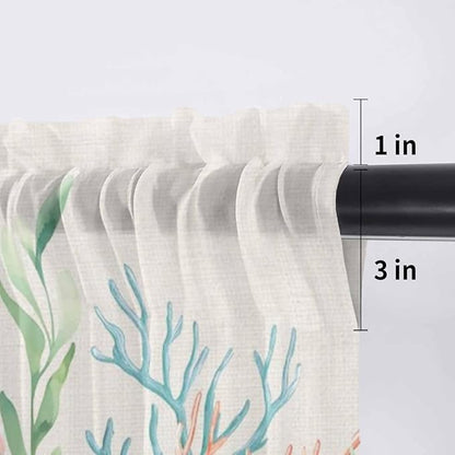 Summer Beach Sheer Valance Curtains, Ocean Colorful Coral Shell Seaweed Starfish Linen Light Filtering Kitchen Valances Rod Pocket Voile Curtain Treatment for Bedroom/Living Room/Basement 54Wx18L