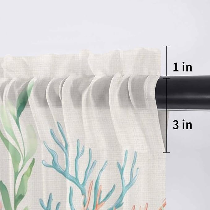 Summer Beach Sheer Valance Curtains, Ocean Colorful Coral Shell Seaweed Starfish Linen Light Filtering Kitchen Valances Rod Pocket Voile Curtain Treatment for Bedroom/Living Room/Basement 42Wx18L