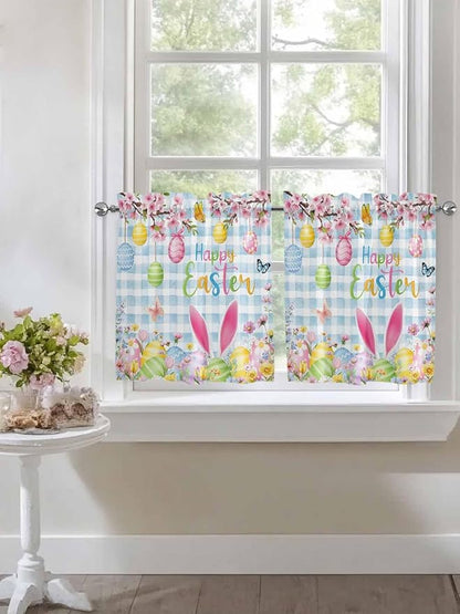 Happy Easter Half Window Curtain 36 Inches Long, Spring Watercolor Bunny Eggs Flower Blue Plaid Window Treatment Curtain Drapes, Small Tier Curtains for Bathroom Over Sink, 27.5"x36", 2 Panels