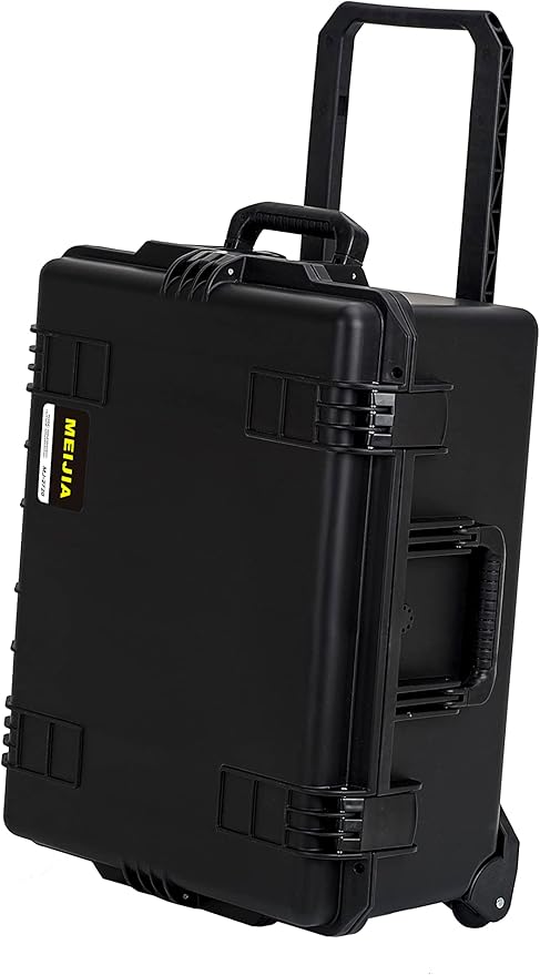 MEIJIA Portable All Weather Premium Rolling Wheels Waterproof Hard Compact Camera Case with Customizable Fit Foam,Pull Handle, 24.6"X19.7"X11.7",Black