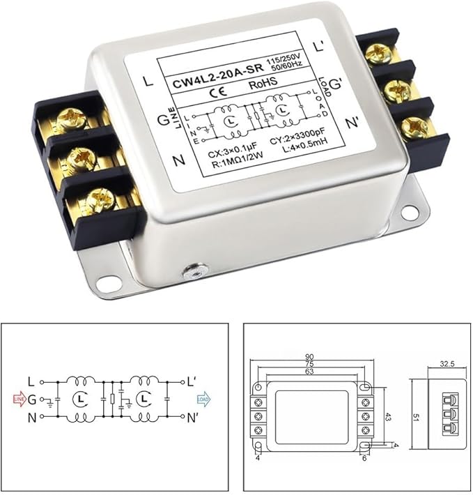 Single-Phase Two-Stage Power Supply Filter for Industrial Equipment — Conducted Noise Suppressor, Compact Chassis Mount, Alloy Housing, 250V, 3A/6A/10A/20A(20A)