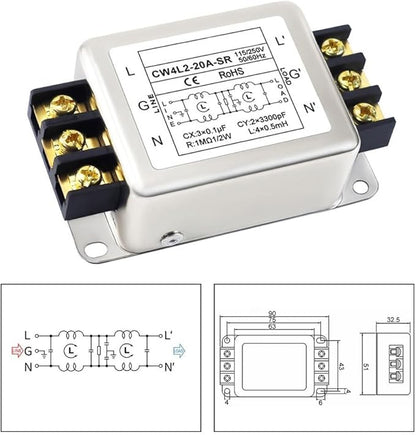 Single-Phase Two-Stage Power Supply Filter for Industrial Equipment — Conducted Noise Suppressor, Compact Chassis Mount, Alloy Housing, 250V, 3A/6A/10A/20A(20A)