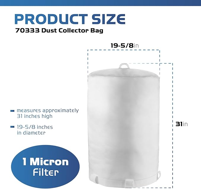 70333 Dust Collector Bag, fit for POWERTEC DC-1512, Vacuum & Dust Collector Bags, Compatible with JET, Grizzly, Shop Fox, Wen, Harbor Freight, 21" x 31", 1 Micron Filter