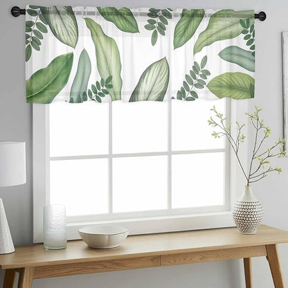 Summer Palm Leaf Sheer Valance Curtains, Green Tropical Plants Nature Leaves Modern Light Filtering Kitchen Valances Rod Pocket Voile Curtain Window Treatment for Bedroom/Living Room/Basement 54Wx18L