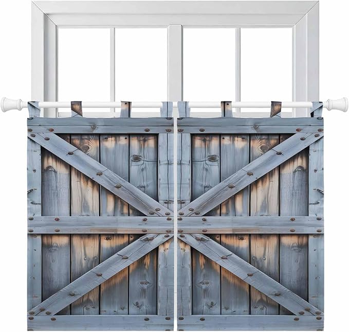 Farmhouse Wood Grain Kitchen Curtains 45 Inch Length, Short Cafe Window Curtains Tab Top, Vintage Country Barn Gate Textured Light Filtering Window Treatments Tier Drapes 27.5"x45" 2 Panel