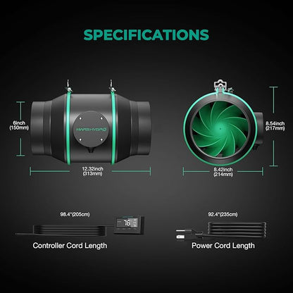MARS HYDRO 6 Inch Inline Duct Fan with Temp Controller, Exhaust Fan for Grow Tents, Hydroponics