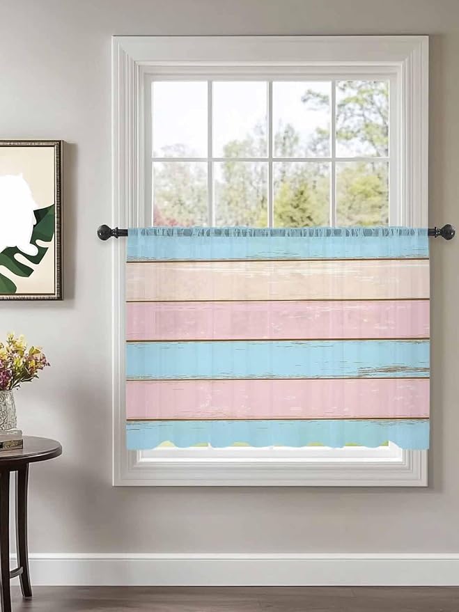 Sheer Curtains 54 Inch Length, Pink Blue Wood Grain Semi Sheer Curtains Light Filtering Window Treatment, Farmhouse Country Shabby Striped Privacy Voile Drapes for Living Room Bedroom 52x54 Inch