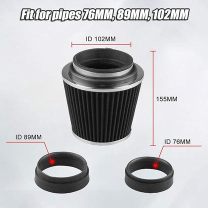 RYANSTAR Universal Clamp-on Air Intake Filter(2 Pack),3 In /3.5 In /4 In Three different Sizes, Round Tapered High Performance, Washable, Replacement Air Filter, For cars and motorcycles (black)