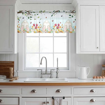 Easter Sheer Valances for Windows 54"x18", Light Filtering Kitchen Curtains Valance, Spring Watercolor Eggs Country Tulip Flower Plant Rod Pocket Chiffon Curtains for Living Room Bedroom Cafe