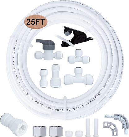 Refrigerator Water Line Kit Connection and 1/4 Compression Ice Maker Installation Kit,1/4" OD Tubing with Quick Connect for Fridge IceMaker Reverse Osmosis RO Systems Water Filters Faucet 25ft
