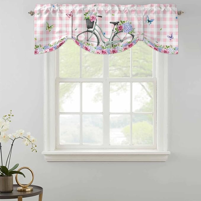 Spring Tie Up Valance Curtains for Windows, Kitchen Curtains Window Shades, Bicycles Leaves Butterfly Flowers Pink Buffalo Plaid Light Filtering Curtain Valances for Bedroom/Bathroom/Cafe 60"x18"