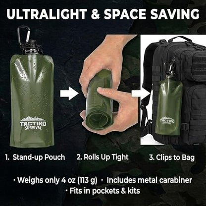 Tactiko Survival 20oz/600ml Purifying Water Bottle Filter Kit - Filter 265 Gal. Water from Rivers, Lakes & Streams - SGS Certified - UF Membrane, Activated Carbon - Camping, Hiking, Emergency (Green)
