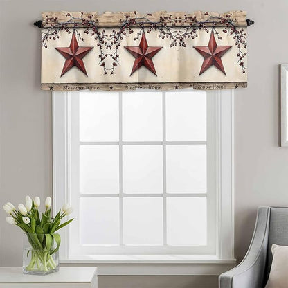 Farmhouse American Valances for Windows, Country Star Berries Vintage Wood Grain Kitchen Valance Light Filtering Rod Pocket Short Curtains for Kitchen Bathroom, 1 Panel, 42"x12"
