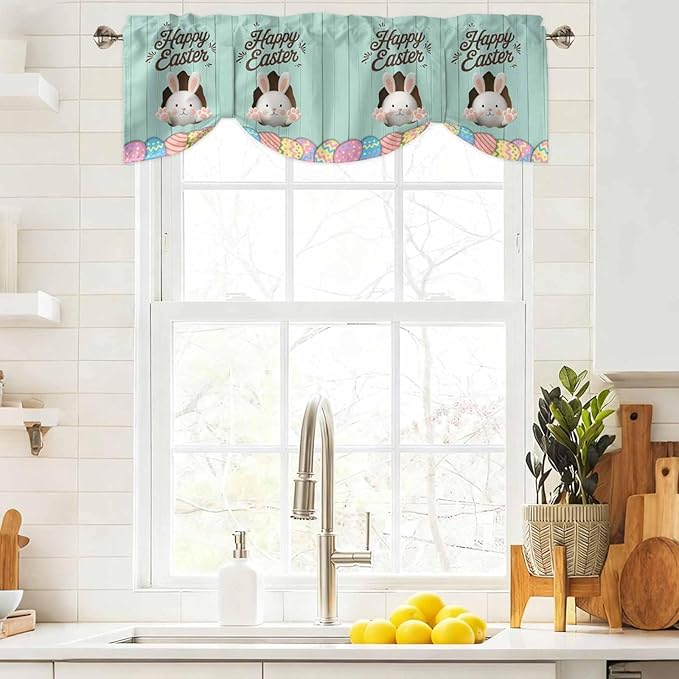 Green Easter Tie Up Valance Curtains for Windows, Kitchen Curtains Window Shades, Spring Cartoon Bunny Colorful Eggs Wood Grain Light Filtering Roman Curtain Valances for Bedroom/Bathroom/Cafe 42"x18"