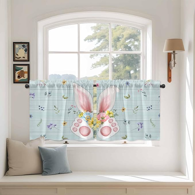 Easter Kitchen Tier Curtains 36 Inch Long 2 Panel Set,Rod Pocket Half Window Curtains Over Sink,Spring Rabbits Ears Feet Flowers Wooden Grain Light Filtering Short Drapes Cafe 27.5"W x 36"L